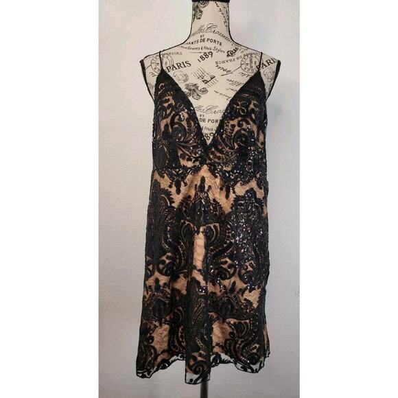 New Free People Mini Dress SZ 12 Night Shimmers Black Goingout Illusion Sequins - Picture 3 of 11